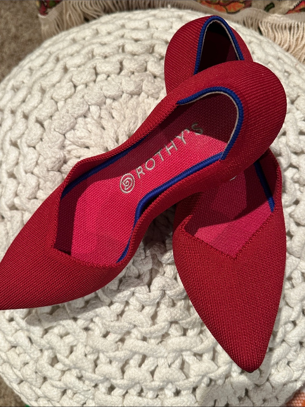 Rothy's Red Pointed-Toe D'Orsay Flats with Blue Trim